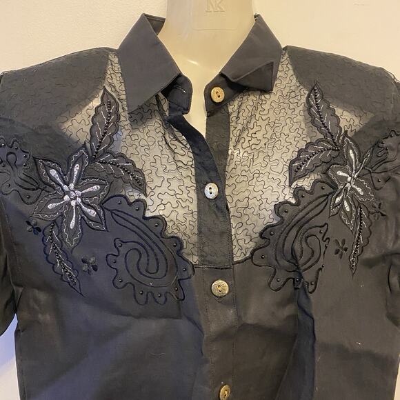 Vintage 90s ClubZ Floral Embroidered Black 2Pc TopShorts OutfitSet LinenCotton S - Picture 9 of 14